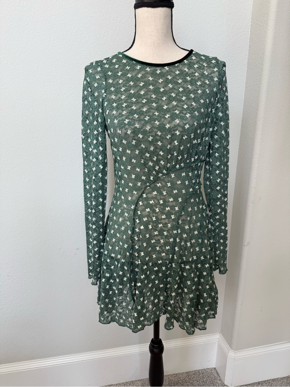 Free People Green Sheer Long-Sleeve Fit & Flare Dress with White Print